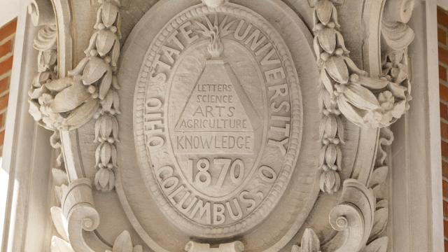 Seal of The Ohio State University on a concrete block.